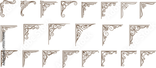 Elegant collection of vintage decorative corner ornaments featuring ornate swirl patterns and filigree designs for classic invitation borders and sophisticated graphic design projects.