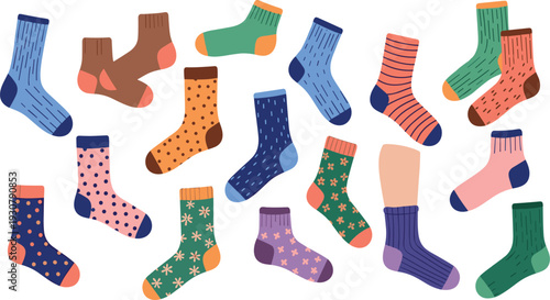 Colorful Cute Socks Collection Vector Illustration with Different Patterns, Stripes and Dots Cozy Winter Fashion Set