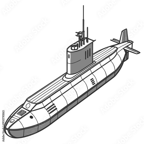 Gray and white submarine with antennae and fins black