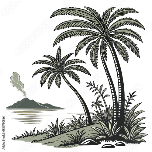 Tropical island with palm trees and volcano beach plants