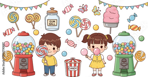 Children Enjoying Candy and Gumball Machine with Colorful Sweets and Ice Cream