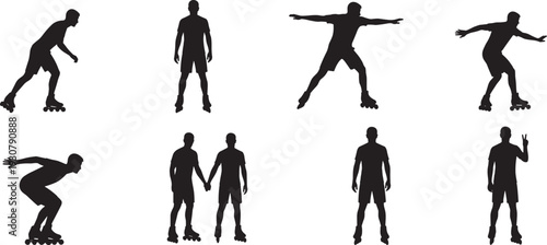 Silhouette vector set of roller skaters, diverse poses with skates, standing, holding hands, dynamic movement, balance, lifestyle activity, sports illustration design