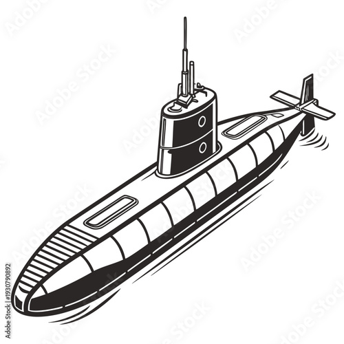 Black and white submarine with conning tower and propellers