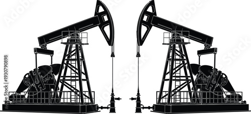 Black and white silhouette of industrial oil pump jack machinery vector illustration for energy production petroleum industry and fuel extraction isolated.