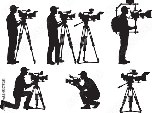 Silhouette vector set of videographers filming, tripod cameras, stabilizing rigs, kneeling and standing positions, video production illustration, cinematography concept, creative media design