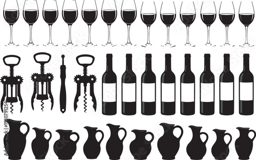 Silhouette vector set of wine glasses, corkscrews, bottles, pitchers, beverage tools and containers, winery illustration, drinking culture concept, bar design elements