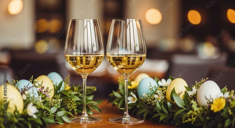 Naklejka premium Easter sunday celebration with champagne glasses and decorative tulips