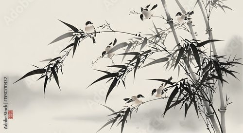Black ink painting of birds perched on bamboo branches