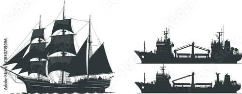 Vintage wooden sailing ship silhouette and modern industrial cargo vessel icons isolated on white background, maritime evolution nautical transportation history and technology
