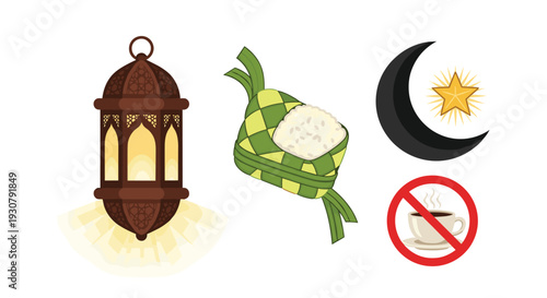 Flat vector set of ramadan islamic festive celebration elements, ramadhan mubarak icons set collection