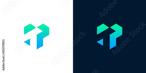 Modern abstract geometric logo design featuring a dynamic arrow-like or stylized letter form with a vibrant blue and green gradient, embodying forward movement, innovation, and digital progress