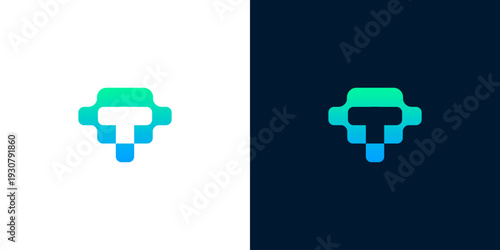 Abstract pixelated letter T logo design with gradient colors on white and dark backgrounds