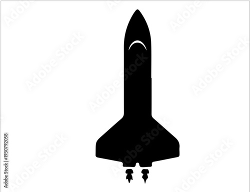 Black space shuttle and rocket silhouette, spacecraft launch vehicles silhouette vector