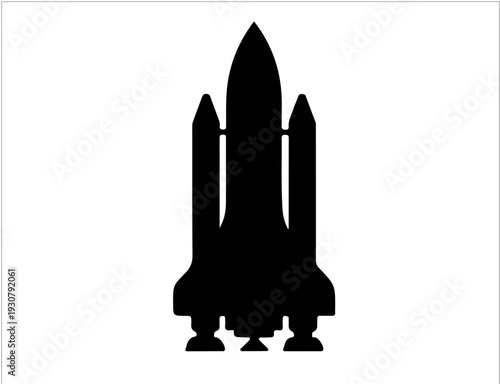 Black space shuttle and rocket silhouette, spacecraft launch vehicles silhouette vector