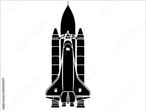 Black space shuttle and rocket silhouette, spacecraft launch vehicles silhouette vector
