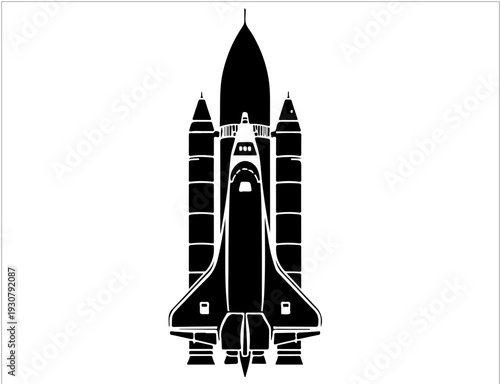 Black space shuttle and rocket silhouette, spacecraft launch vehicles silhouette vector