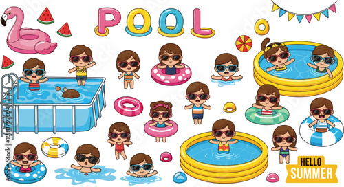 Summer Pool Party Illustration with Inflatable Floats, Cute Kids, and Pool Toys