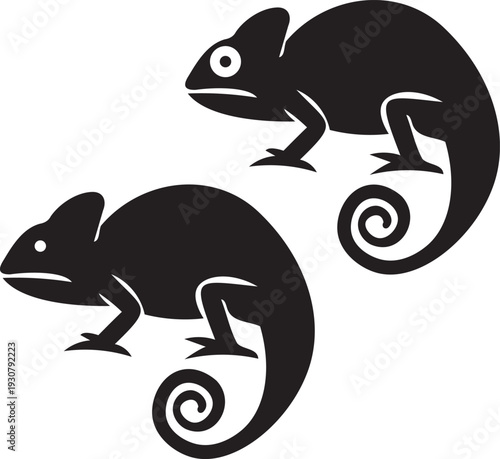 Chameleon vector silhouettes and A black silhouette of a chameleon on a white background