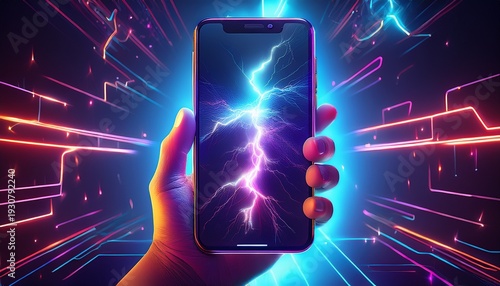 cell phone with lightning on screen high tech communication