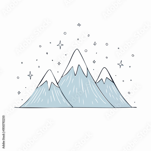 A serene illustration of snow-capped mountains under a starry night sky with scattered stars and celestial elements