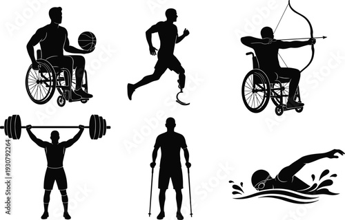 Black and white silhouette collection of adaptive athletes featuring wheelchair basketball, para-swimming, amputee running, weightlifting, and archery isolated vector.