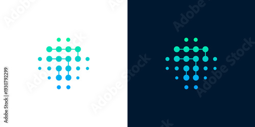 Sleek and dynamic abstract letter T logo composed of interconnected luminous dots, illustrating concepts of digital connectivity, data flow, and technological advancement for a modern brand identity