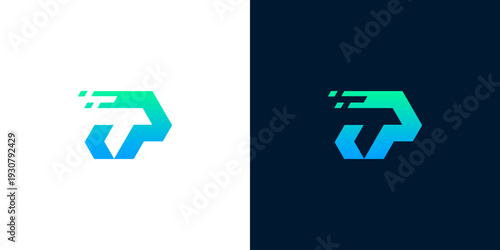 Modern abstract initial P and T logotype featuring a vibrant green to blue gradient and dynamic digital speed lines, symbolizing technology and forward progress