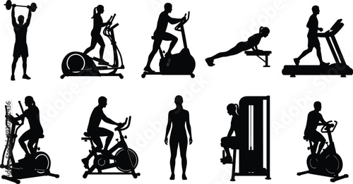 Black and white silhouette collection of people exercising on gym equipment including treadmills, stationary bikes, elliptical trainers, and weightlifting isolated.