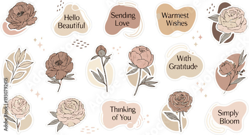 Charming botanical illustrations featuring delicate peony blossoms and subtle abstract embellishments, perfect for crafting heartfelt sentiments and thoughtful decorative designs