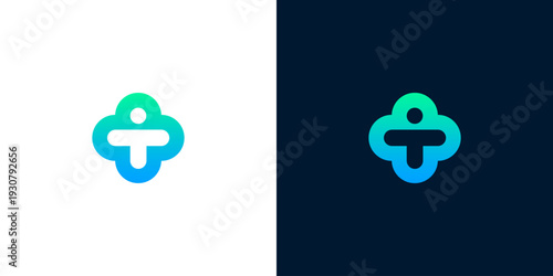 Abstract T-shaped logo design with gradient colors on white and dark backgrounds, modern graphic symbol
