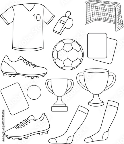 Elements of football equipment. football player's kit: ball, goal, whistle, cleats, socks, cups and referee cards.