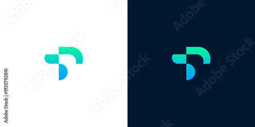 Modern abstract logo design with a teal and white 'P' or stylized symbol on contrasting backgrounds