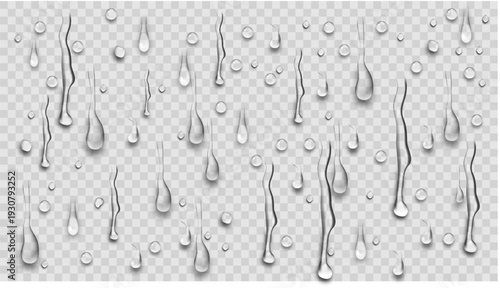 Realistic water drops, rain droplets on transparent background, vector graphic
