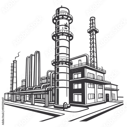 Black and white of a petrochemical plant with smokestacks and pipes