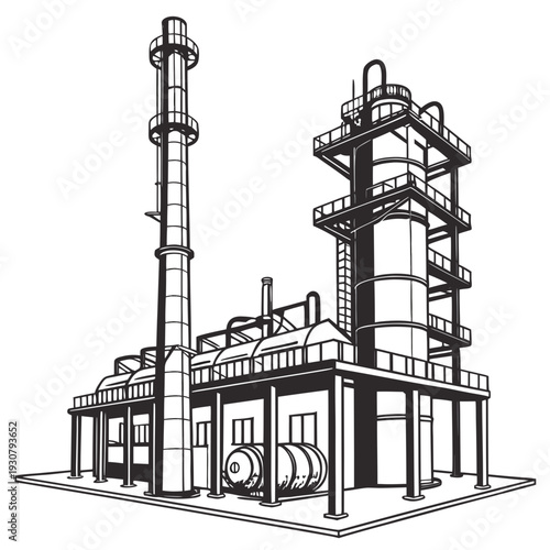 Black and white of industrial refinery with smokestack and cylindrical tanks