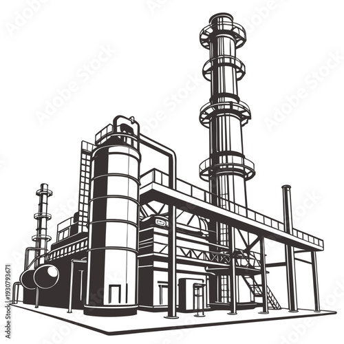 Black and white refinery with smokestack and pipes