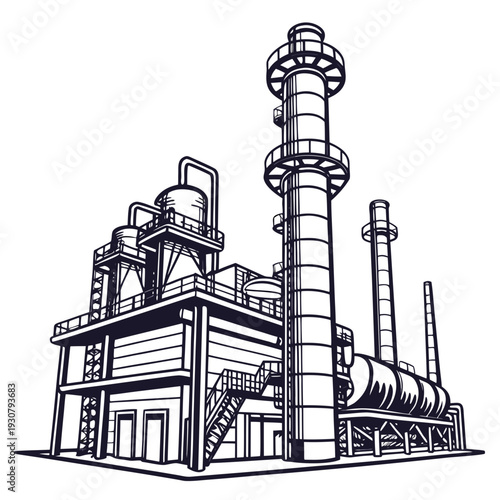 Black and white of industrial refinery with smokestacks