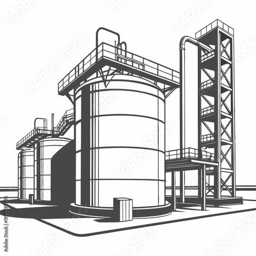 Industrial oil refinery plant with storage tanks and pipeline structure