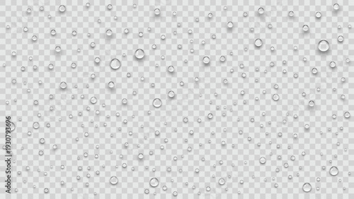 Water drops overlay, realistic rain condensation, transparent background vector for design elements.