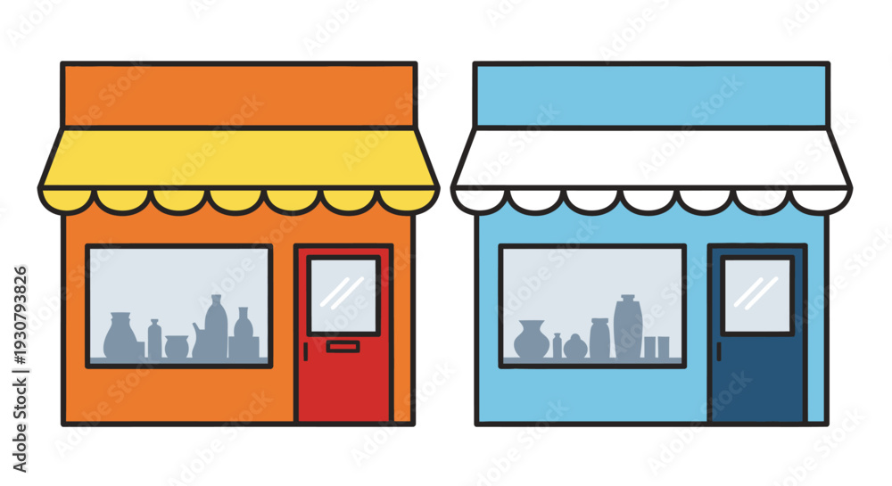 Naklejka premium Cartoon Storefronts with City Skyline Windows.