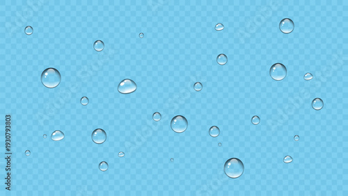 Water droplets, realistic transparent liquid drops for clean backgrounds, vector