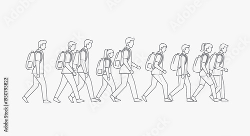 Line Drawing of People Walking with Backpacks.