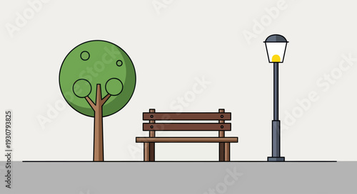 Park Bench with Tree and Lamp Post.