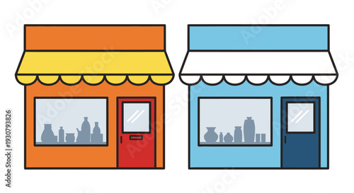 Cartoon Storefronts with City Skyline Windows.