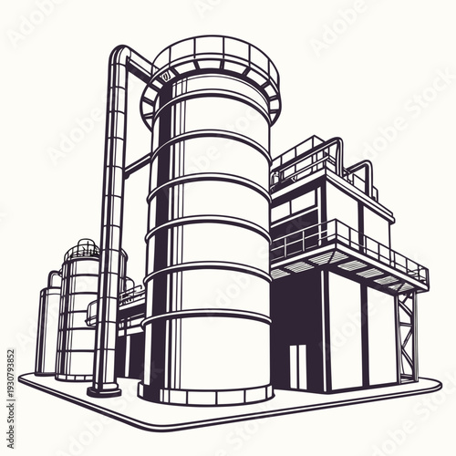 Monochrome of industrial refinery complex with cylindrical tanks and catwalk