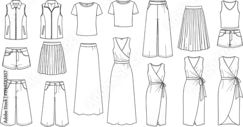 Set of women's clothing technical sketches including dresses skirts tops and trousers flat vector illustration for fashion design and apparel manufacturing templates