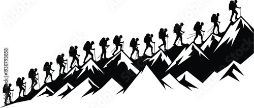 Silhouette of a group of hikers climbing a steep mountain range isolated on white background flat vector illustration for outdoor adventure design