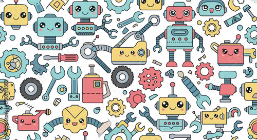 Colorful Cartoon Robots and Mechanical Parts.