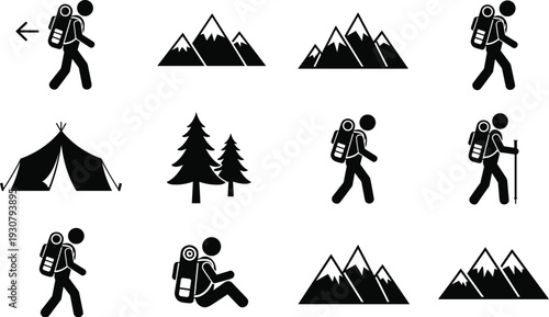 Set of hiking icons featuring mountain peaks pine trees camping tents and backpacker silhouettes flat vector illustration for outdoor adventure and travel design