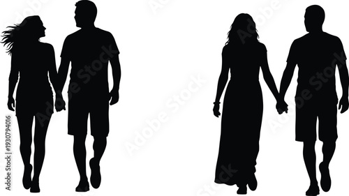 Couple walking silhouettes collection for architectural scale drawing and flat vector illustration featuring romantic pairs holding hands, summer outfits, and human scale figures.